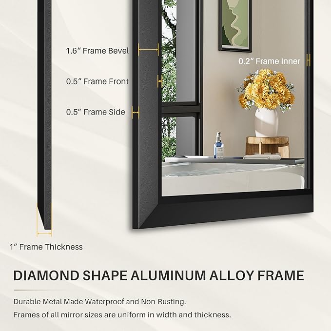 72x36 Inch Black Bathroom Mirror for Wall, Thick Metal Framed Rectangle Mirrors for Over Sink, Bedroom, Living Room, Entryway, Anti-Rust, HD Tempered Glass