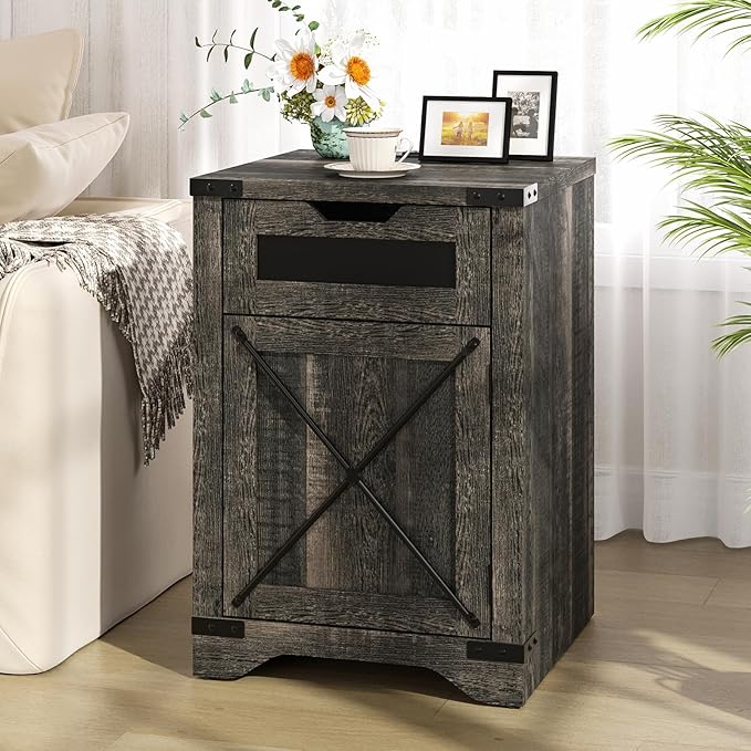 Farmhouse End Table Set of 2 with Charging Station, 26.4" Tall Rustic Nightstand with Drawer and X Barn Door, Country Bedside Sofa Side Table for Living Room, Dark Brown