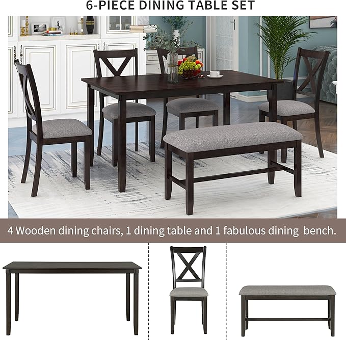 6 Pieces Dining Table Set with 60" Rectangle Kitchen Desk,Living Room Furniture W/ 4 "X-Shaped Curved Backres Fabric Chairs & 1 Bench,for Restaurant,Home Bistro,Espresso