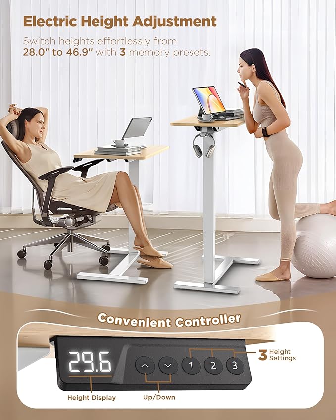 Electric Adjustable Height Standing Desk - Small Sit Stand Portable Rolling Laptop Table with Hidden Wheels, Small Computer Workstation for Bedside & Home Office Use (24"x16", Oak)