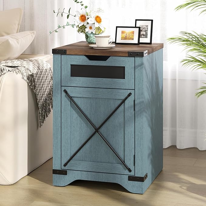 Farmhouse End Table with Charging Station, 26.4" Tall Rustic Nightstand with Drawer and X Barn Door, Country Bedside Sofa Side Table for Living Room, Blue