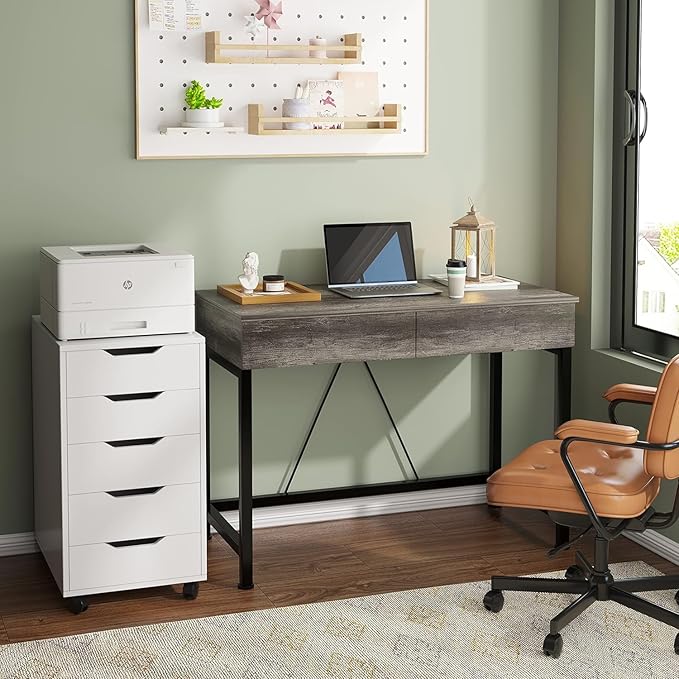 CAIYUN 40Inch Small Desk with 2 Wooden Drawers,Vanity Desks for Home Office with Storage, Simple Computer Desk for Small Space,Desk for Bedroom, Modern Writing Work Kids Study Desk Table, Grey Oak