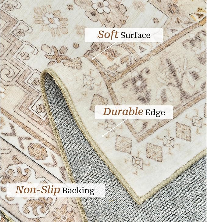 zesthome 4x6 Rug - Stain Resistant Washable Rug, Anti Slip Backing Rugs for Living Room, Foldable Vintage Small Area Rugs (Cream/Beige,4'x6')