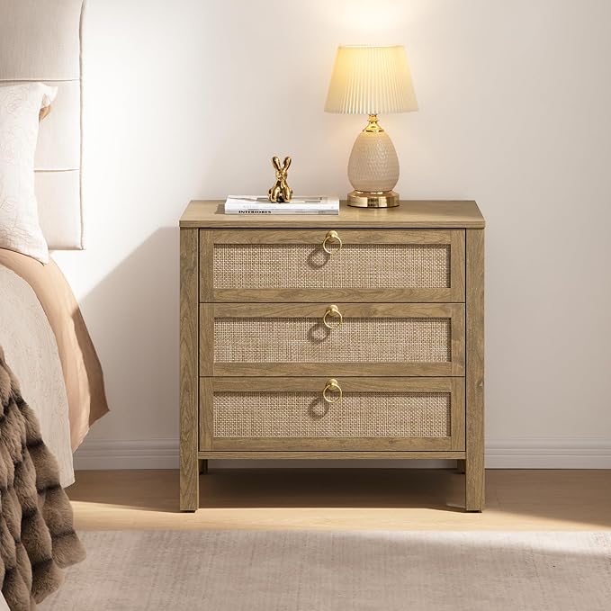 SICOTAS Night Stand with Drawers, Large Rattan Bedside Table with Golden Handle, 3 Drawers Nightstand Tall End Table Side Table Boho Nightstand for Bedroom