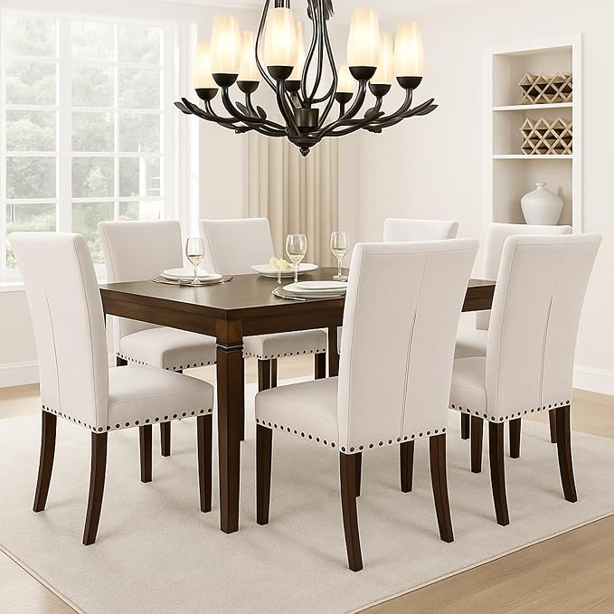 Set of 4 Beige Upholstered Dining Chairs, Farmhouse Kitchen Chairs with High Back Support, Solid Rubberwood Legs, Comfortable Padded Seat, Bronze Nailhead Trim, Dining Room Chairs for Family Meals