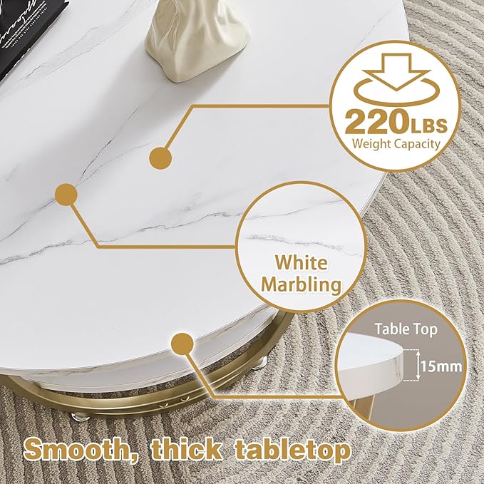 Elephance Round Coffee Table with Storage, 30 Inch Modern Coffee Table for Living Room,Wooden Tabletop-Marble White Print with Gold Frame