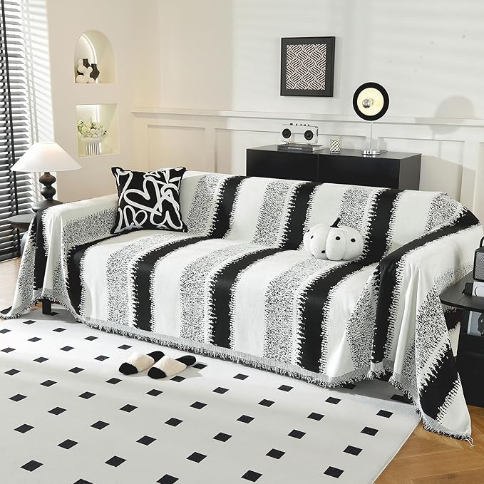 LUFEIJIASHI Boho Couch Covers for Sofa Non Slip Sofa Covers Washable Couch Covers for 3 Cushion Couch Sofa Pet Friendly Sectional Couch Cover Blanket Furniture Protector for Dogs (Black, 71"x118")