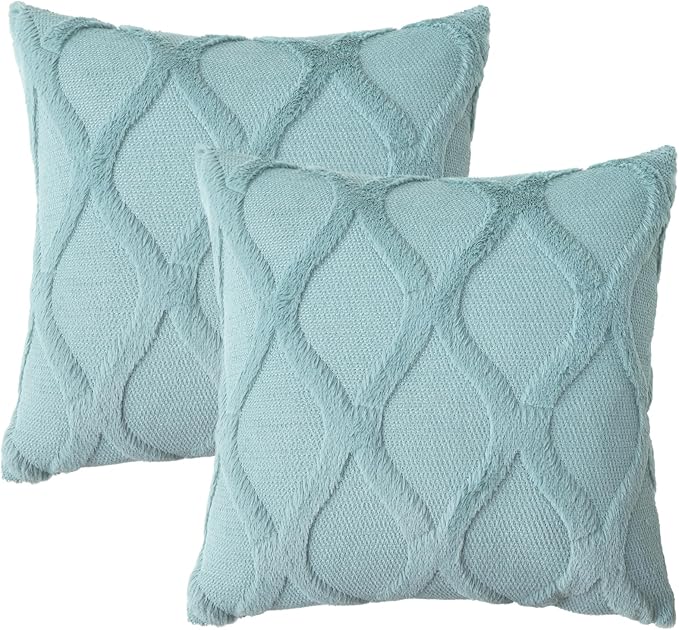 decorUhome Throw Pillow Covers 16x16 Inch Set of 2, Soft Plush Faux Fur Wool Aqua Couch Pillow Covers, Decorative Neutral Pillow Cases for Bed Sofa Living Room Home Decor