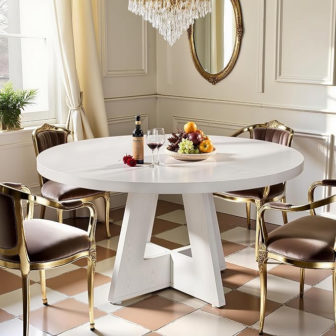 47" Round Dining Table for 4-6, Modern Small Dinner Table Farmhouse Round Kitchen Tables with Wooden Cross Base for Dining Room, Kitchen, Living Room, White