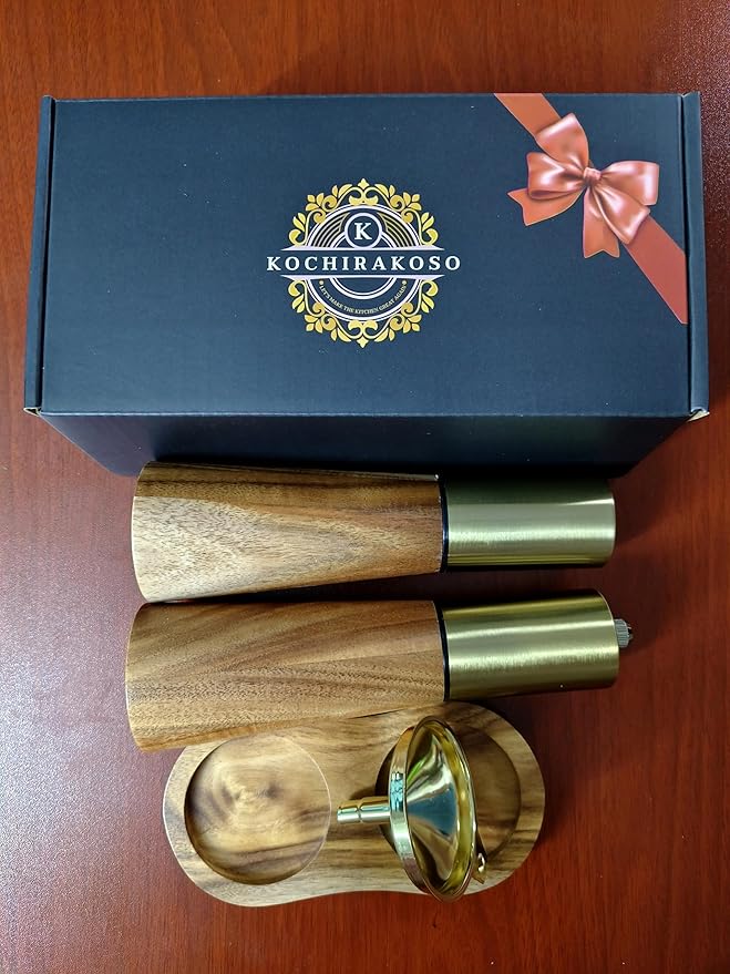 Gold Salt and Pepper Grinder Mill Set With Wood Base, Free Gold Funnel,Stainless Steel Manual Salt Shaker and Pepper Mill,Adjustable Thickness,Suitable For Kitchen (Salt & Pepper Grinder)