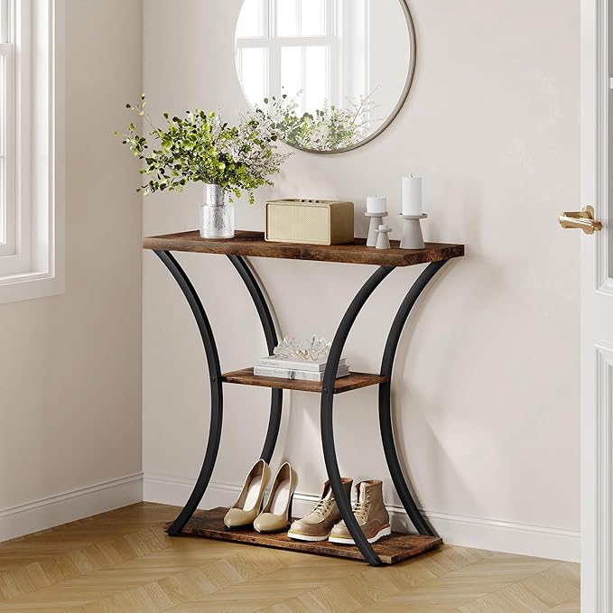 Hoctieon 3 Tier Console Table with Open Wood Shelves, Decorative Entryway Table with Curved Metal Frames, Narrow Sofa Table for Entrance, Living Room, Hallway, Rustic Brown+Black