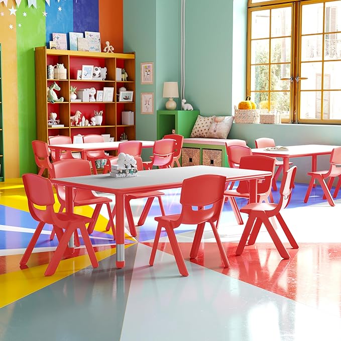 Flash Furniture Emmy Adjustable Classroom Activity Table with 6 Stackable Chairs, Rectangular Plastic Activity Table for Kids, 23.625" W x 47.25" L, Red/Gray