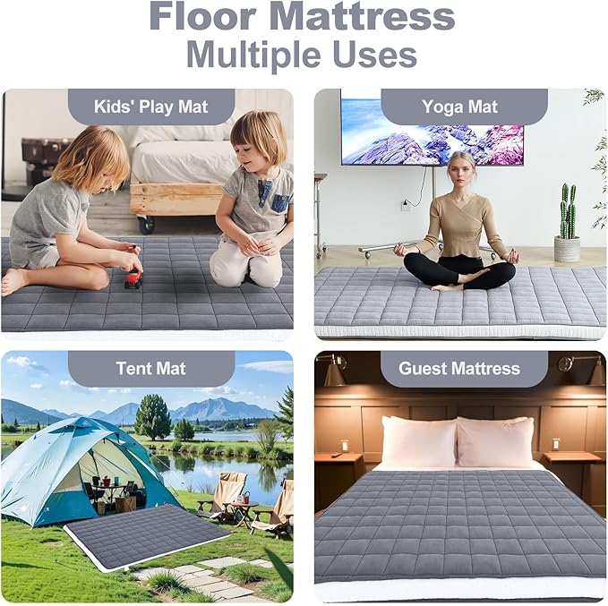 Tiita Japanese Floor Mattress Futon Mattress 4” Thick Folding Roll Up Sleeping Pad with Bag & Strap, Bed Topper Mat for Guest, Lounger and Tavel, Gray,Full Size