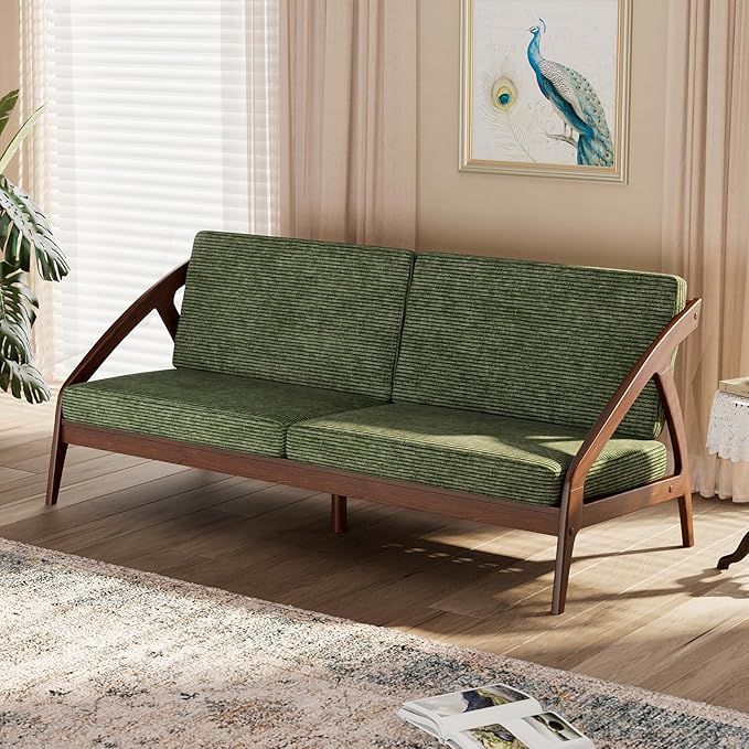 73.4" Solid Wood Upholstered Sofa, Comfortable Seat Cushion, White Waxwood Full Solid Wood Frame, Removable Cover, Suitable for Bedroom and Living Room, Easy to Assemble, Office Sofa