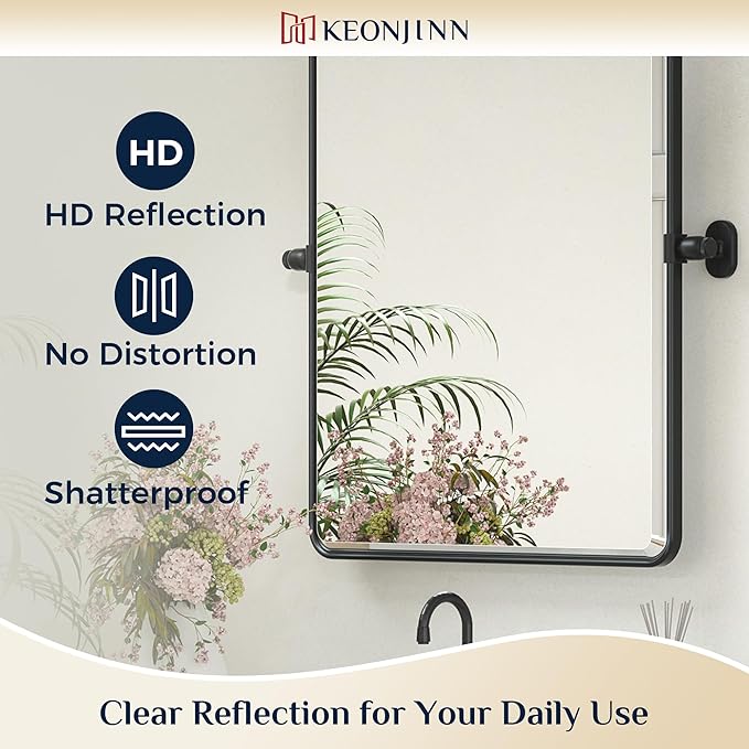 Keonjinn Large Pivot Mirror Bathroom, 40 x 30 Inch Beveled Tilt Mirror Bathroom, Black Metal Framed Mirrors with Rounded Corner, Farmhouse Rectangle Vanity Mirrors for Wall (Horizontal/Vertical)