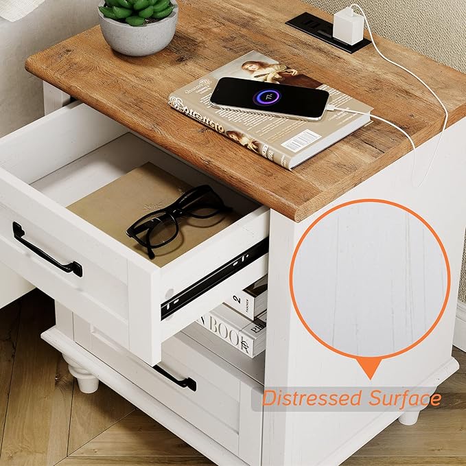 WAMPAT Set of 2 Nightstands with Charging Station & 2 Drawers, Mid Century Modern End Tables Side Table for Living Room, White Wooden Nightstand Bedside Table for Bedroom & Dorm