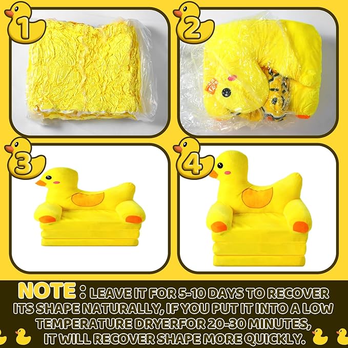 Duck Kids Couch Fold Out 2-in-1 Toddler Sofa Fold Out with Blanket, Soft Toddler Chair Comfy for Boys Girls Baby, Convertible Sofa to Lounger for Napping Reading Playing Christmas, Yellow