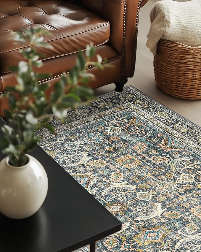 10X14 Area Rugs Machine Washable Rugs for Living Room, Vintage Boho Large Rugs for Bedroom Dining Room, Non Slip Indoor Soft Distressed Lightweight Thin Low Pile Carpet, Terracotta
