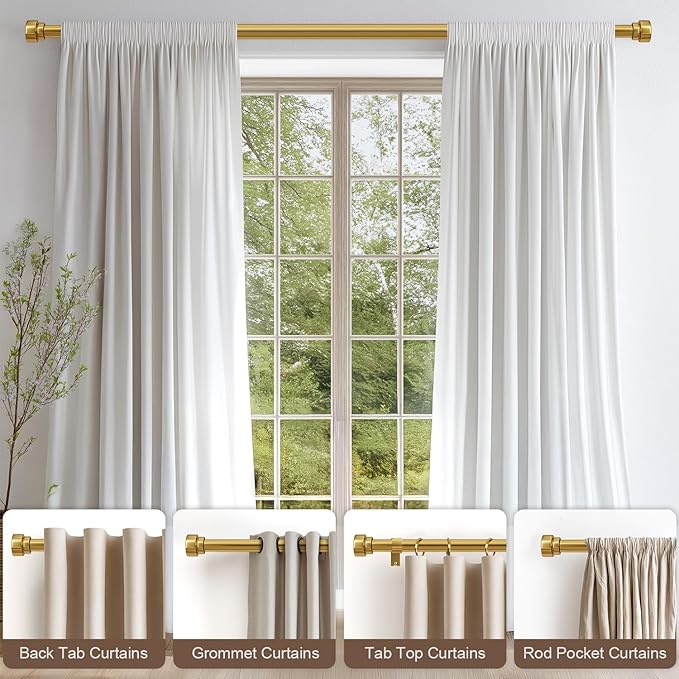 Modern Gold Curtain Rods for Windows 72 to 144 Inches Adjustable Length Heavy Duty 1" Diameter Brass Window Curtain Rod with Solid Metal Finials for Outdoor Farmhouse Bedroom Kitchen Living Room