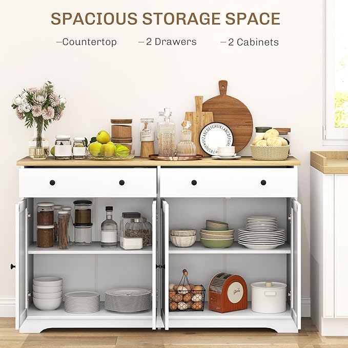 HOMCOM Sideboard Buffet Cabinet with Storage, 55" Modern Kitchen Cabinet with 4 Doors, 2 Drawers and 2 Adjustable Shelves, Coffee Bar, White