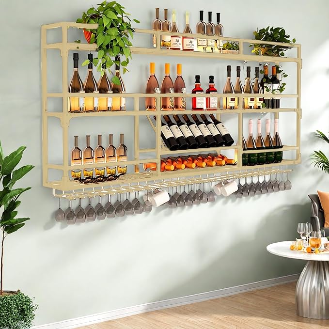 Metal Wall-Mounted Wine Rack with LED Light - 3 Tier Wine Storage Display Rack with Glass Holder - Space-Saving Bottle Display Shelf for Home Bars, Dining Rooms(Gold, 71in/180cm)