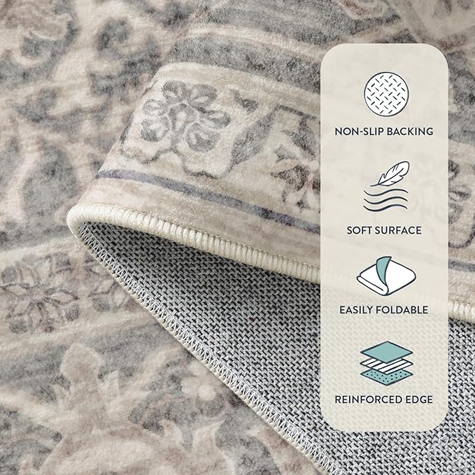 Lahome Oriental Kitchen Rugs Non Slip, 2x3 Small Rugs for Bedroom Entryway, Soft Door Mat Indoor Entrance Vintage Ultra-Thin Carpet for Kitchen Bathroom Bedroom, Grey/Brown