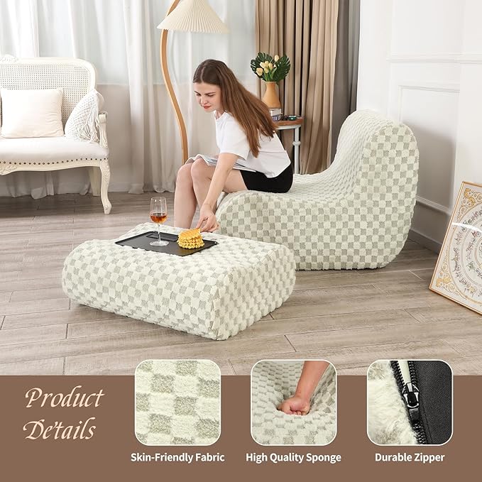 Accent Bean Bag Chair with Footstool, Modern Lazy Sofa Chair with Comfy Jacquard Shaggy Plush, Green