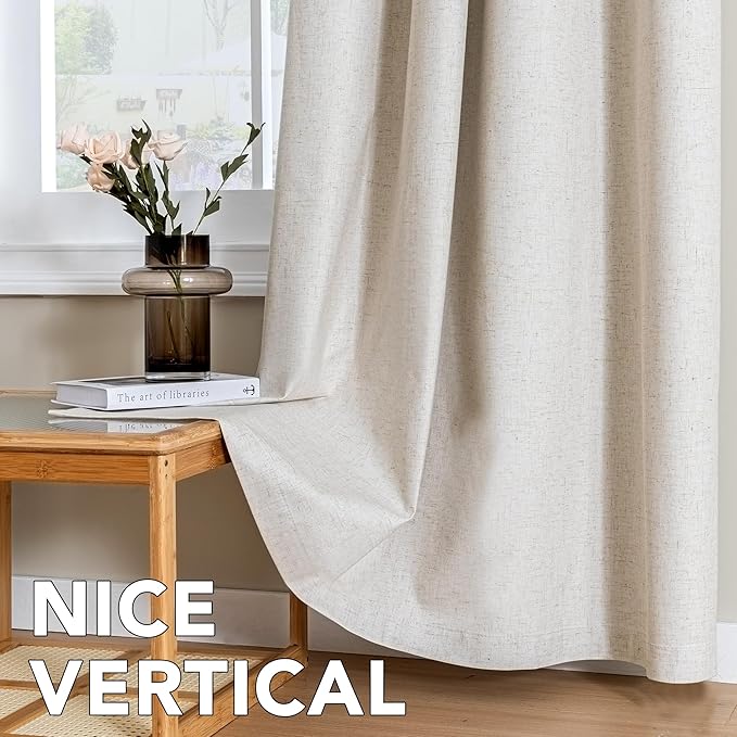 H.VERSAILTEX Linen Curtains 100% Blackout Curtains for Bedroom 63 inch Long Full Light Blocking Nature Linen Blended Window Curtains for Living Room Nickel Grommet (2 Panels, Heathered Natural)
