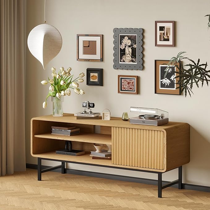 TV Stand,Mid Century Modern Entertainment Center with 2 Open Shelves，Farmhouse TV Media Console Table for Living Room,Bedroom,Television Stand up to 50 Inches,Yellow Oak