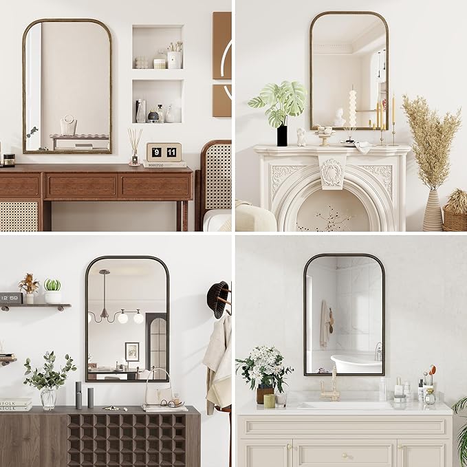 Axeman 24x36 Rounded Rectangular Wall Mirror, Decorative Bathroom Mirror, Traditional Vintage Wall Mounted Mirror with Beaded Frame for Accent Living Room Vanity Bedroom Entryway, Black