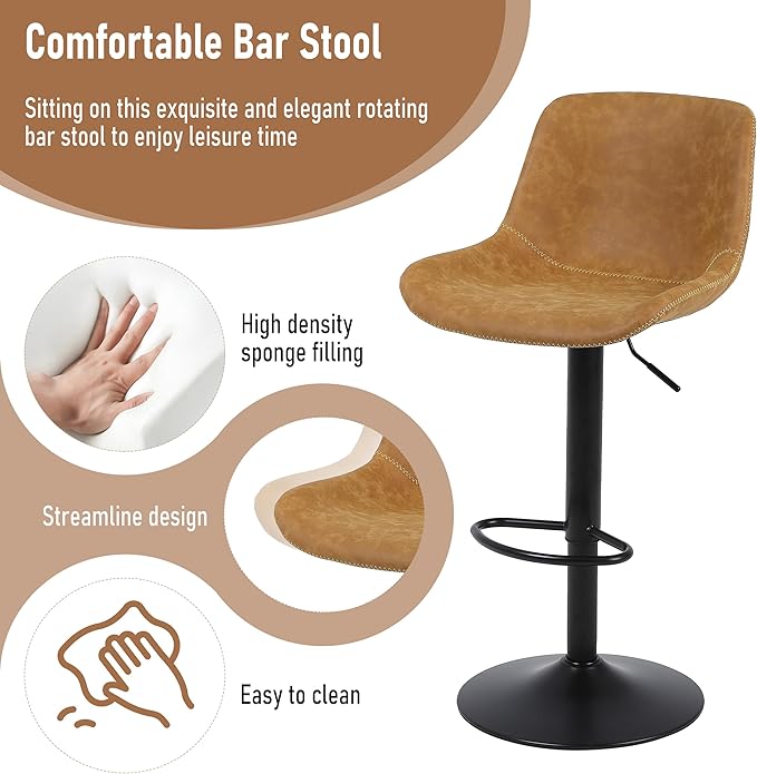 Bar Stools, Swivel Counter Height Barstools with Back, Adjustable Modern Bar Chairs, Tall Armless PU Leather Kitchen Island Stool (Yellow, Set of 4)