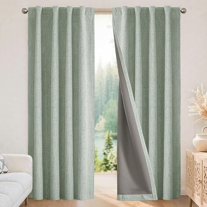 Joydeco 100% Blackout Curtains for Bedroom - Natural Linen Curtains 100" W x 120" L Long, Thermal Insulated 1 Panels Sage Green Light Blocking Drapes, Rod Pocket & Back Tabs for Living Room