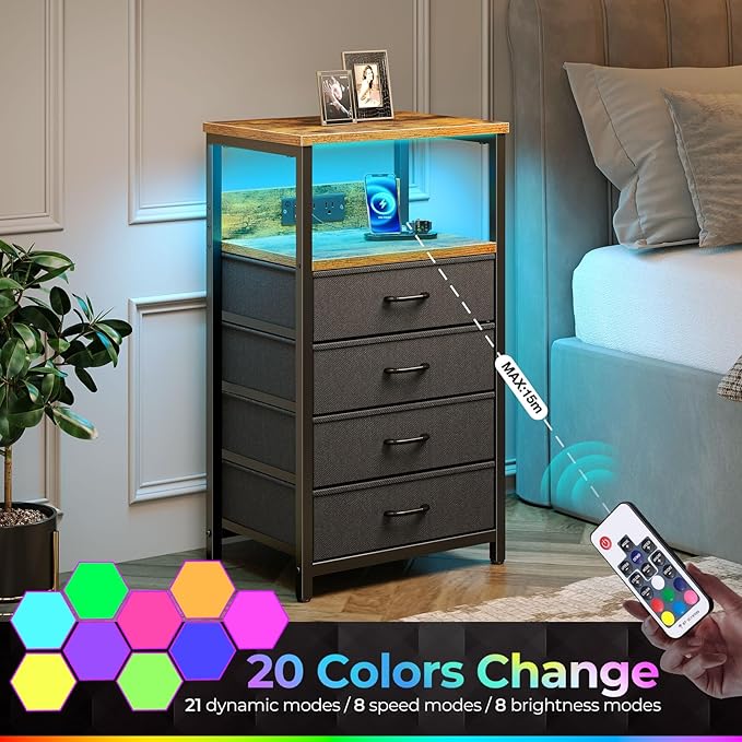 Seventable Night Stand with Charging Station, Tall Nightstand with 4 Fabric Storage Drawers, Side Table with LED Light for Bedroom, Entryway, Rustic Brown