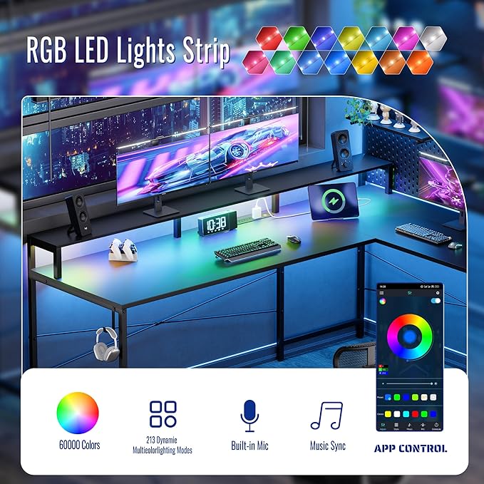 Pamray 64 Inch L Shaped Gaming Desk with Power Outlets and Led Lights, Large Corner Computer Desk with Monitor Stand and Pegboard, PC Table for Home Office and Bedroom White