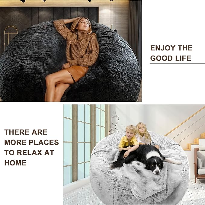 (No Filler) Bean Bag Chair Cover Without Filler,Big Round Soft Fluffy PV Velvet Washable Bean Bag Lazy Sofa Bed Cover for Adults,Living Room Bedroom Furniture Outside,5ft Black