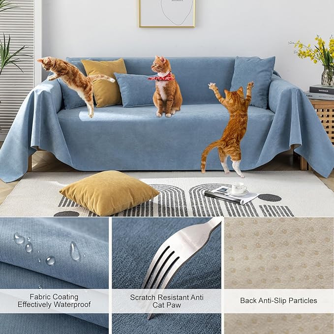STACYPIK Waterproof Blue Sofa Cover for Dogs, Couch Cover for Sectional, Furniture Protector for 3 Cushion Couch, Anti-Scratch Loveseat Covers for L Shaped, Non-Slip Slipcovers for Loveseat-71X150IN
