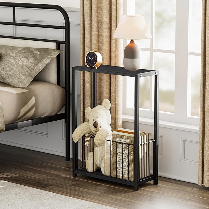 Narrow Side Table with Magazine Holder, Skinny End Table Perfect for Small Spaces, Space-Saving Design for Living Room, Bedroom, or Office, 7.1" D x 16.9" W x 23.6" H, Black