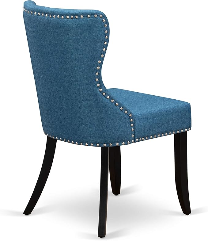 East West Furniture DLSI3-BLK-21 3 Piece Dining Table Set for Small Spaces Contains a Round Dining Room Table with Dropleaf and 2 Blue Linen Fabric Parsons Chairs, 42x42 Inch, Black