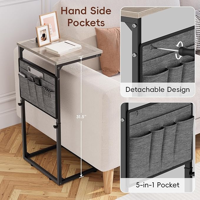 Vagusicc C Shaped End Table, 33'' Tall Side Table for Couch, Adjustable Height Small Couch Side Table for Small Spaces, C Table Slide Under Sofa Table TV Tray Arm Table for Living Room, Bedroom, Grey