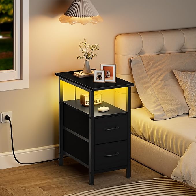 Vagusicc Black Nightstand with Charging Station and LED Lights, Narrow Side Table, LED Night Stand with 2 Fabric Drawers, Bedside Table with USB Ports and Outlets, Tall Nightstand for Bedroom, Black