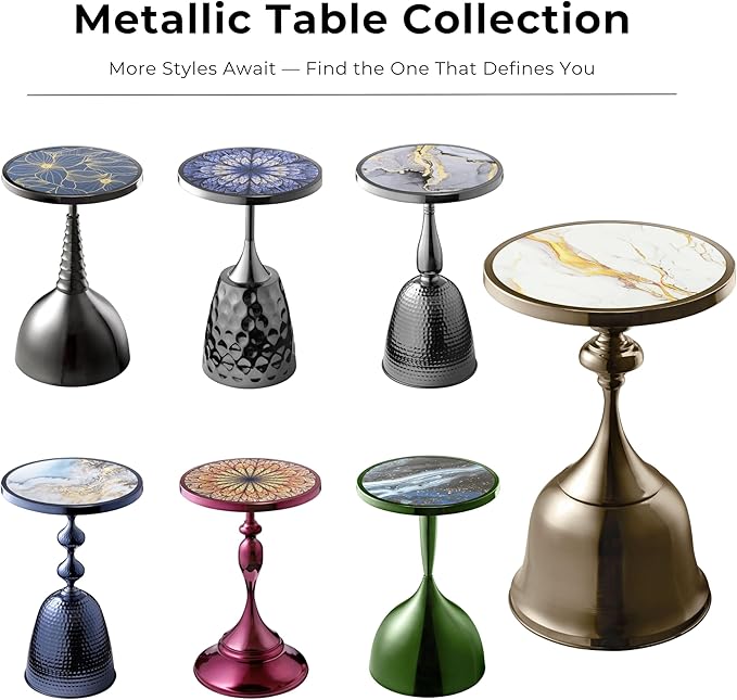 HOMES: Inside + Out Halric Modern 24" Tall Round End Table with Decorated Tabletop and Iron Metal Base, Accent Furniture, Elegant Pedestal Stand for Living Room, Home Office, Chrome Green
