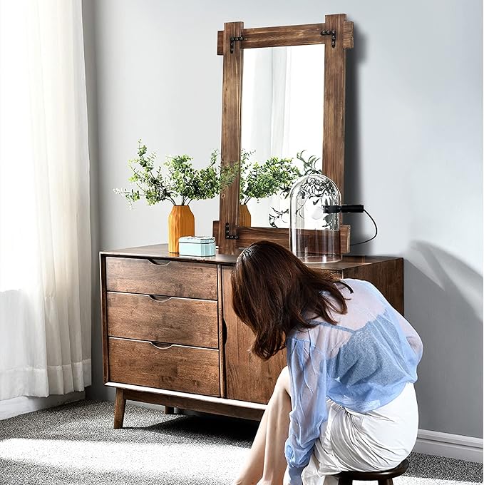 MeMoreCool Rustic Wooden Framed Wall Mirror, Farmhouse Decorative Vanity Mirror, Wall Mounted Rectangular Mirror for Bathroom, Bedroom, or Living Room, 40x28 Inches