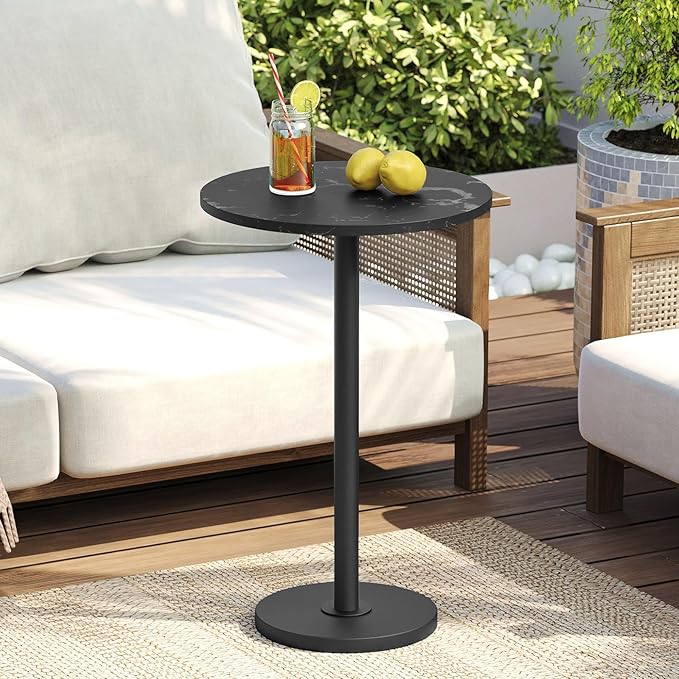 Round Side Table Set of 2, Tall Drink End Table for Small Spaces, Pedestal Style Martini Side Table in Living Room, Bedroom, Dormitory, Marble Black and Black ET30L2BM