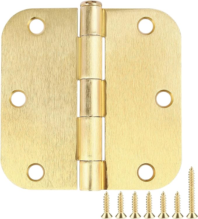 3 Pack Round Door Hinges 3-1/2" x 3.5 inch, 5/8 Radius, Brushed Brass 3 ½ Inch Satin Gold House Interior Hinge for Bed/Living/Guest/Pantry/Storage/Study/Work Room Doors Heavy Duty Iron Hardware Kit