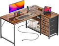 PRAISUN 43.3" Small Computer Desk with Power Outlets and USB-C Port, Reversible L Shaped Corner Office Desk with 4 Fabric Drawers and 2 Height-Adjustable Shelves, for Gaming Writing, Rustic Brown
