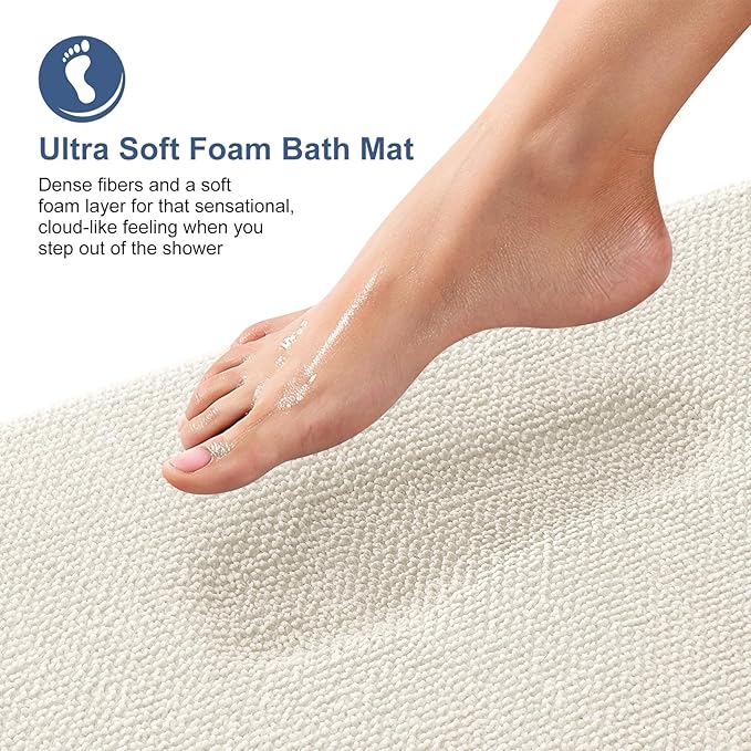 OLANLY Thick Memory Foam Bath Mat Rug 59x24, Extra Soft Absorbent Bathroom Rug, Quick Dry Bath Mats, Non-Slip, Machine Washable Carpet for Bathroom, Tub and Shower, Home Decor Accessories, Ivory