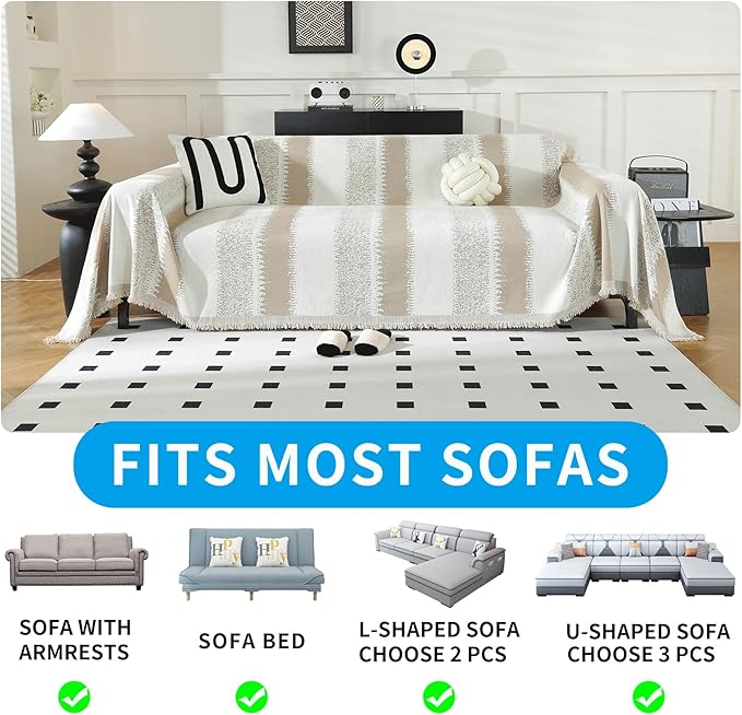 LUFEIJIASHI Boho Couch Covers for Sofa Non Slip Sofa Covers Washable Couch Covers for 3 Cushion Couch Sofa Pet Friendly Sectional Couch Cover Blanket Furniture Protector for Dogs (Khaki, 91"x134")