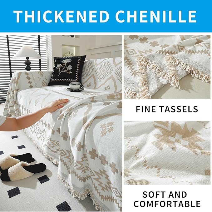 LUFEIJIASHI Boho Couch Covers for Sofa Non Slip Sofa Covers Washable Couch Covers for 3 Cushion Couch Sofa Pet Friendly Sectional Couch Cover Blanket Furniture Protector for Dogs (Khaki, 91"x134")