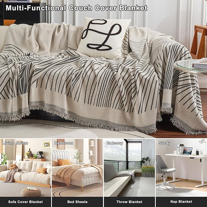 STACYPIK Stylish Striped Sofa Cover for Dogs, Non-Slip Boho Couch Cover for Sectional, Pet-Friendly Furniture Covers for 2 Cushion Couch, Abstract Jacquard Loveaseat Cover Sofa Throw Blanket-71x118IN