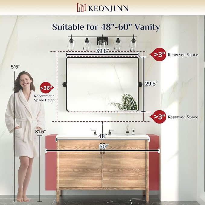 Keonjinn Large Pivot Mirror Bathroom, 40 x 30 Inch Beveled Tilt Mirror Bathroom, Black Metal Framed Mirrors with Rounded Corner, Farmhouse Rectangle Vanity Mirrors for Wall (Horizontal/Vertical)